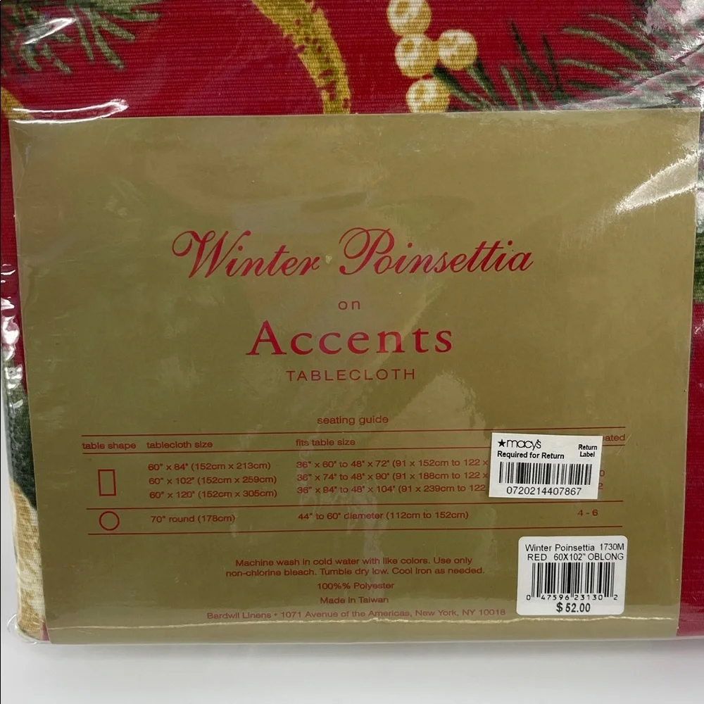 NEW Winter Poinsettia on Accents Red Holiday Print Tablecloth, Oblong 60
